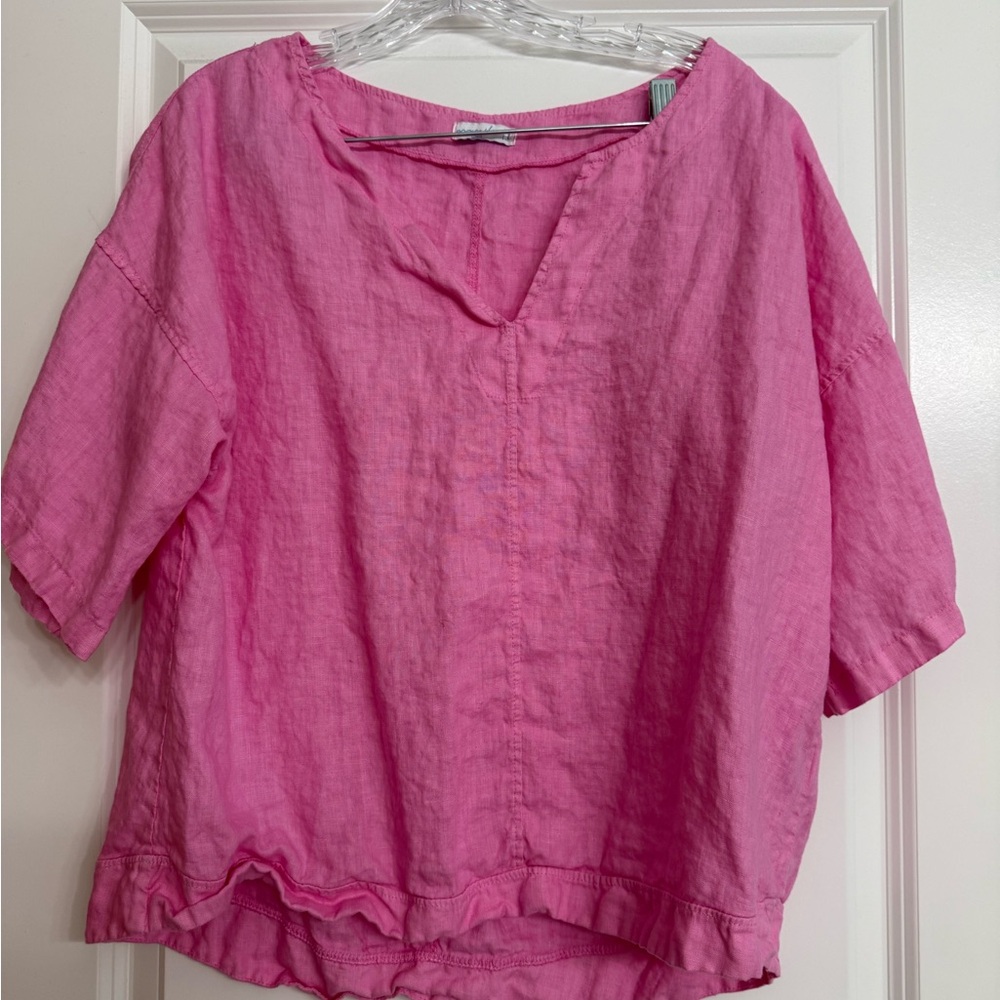 Relaxed Pink Linen V-Neck Women's Top from Greece
